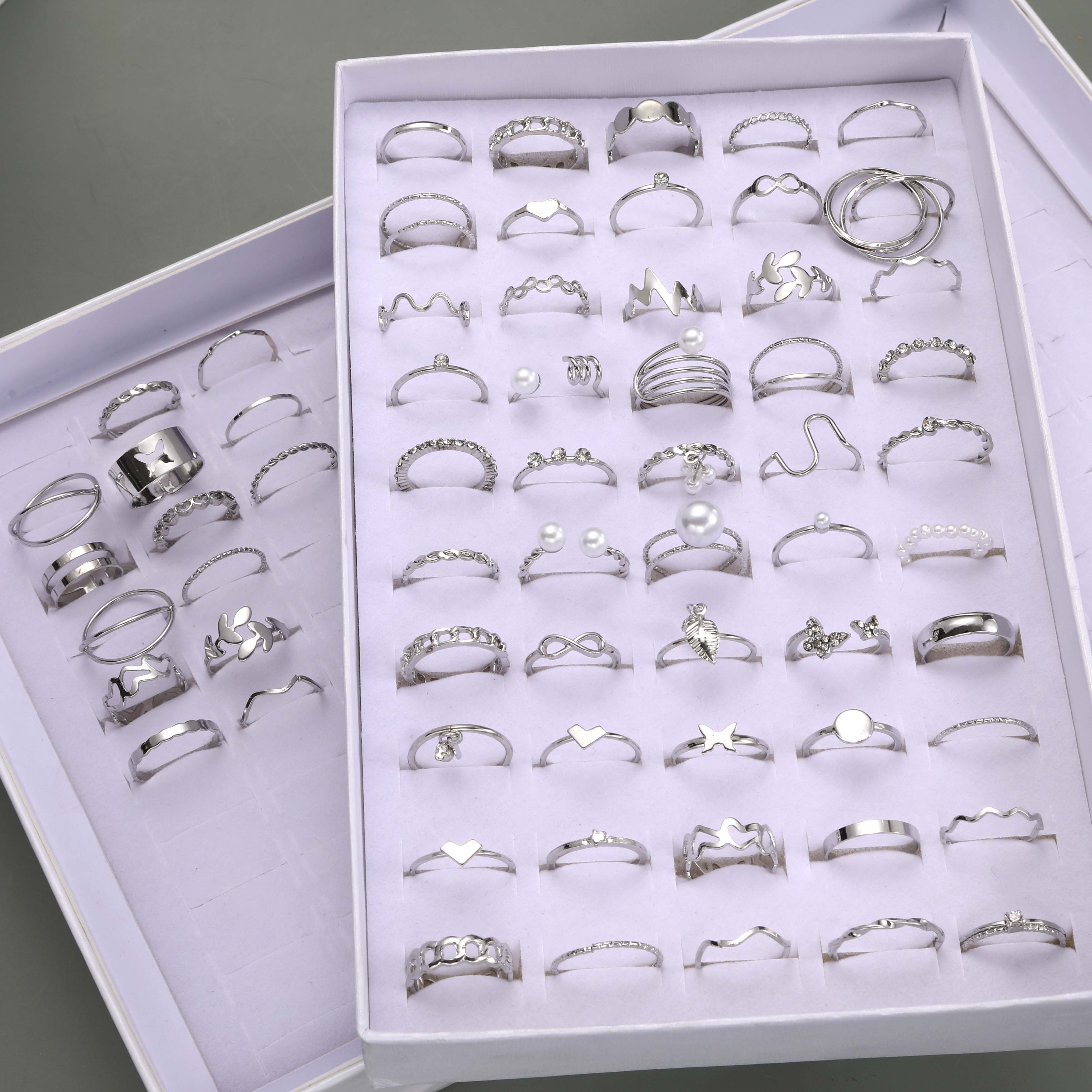 Gothic Silver Stackable Ring Set for Girls - 64 Pieces